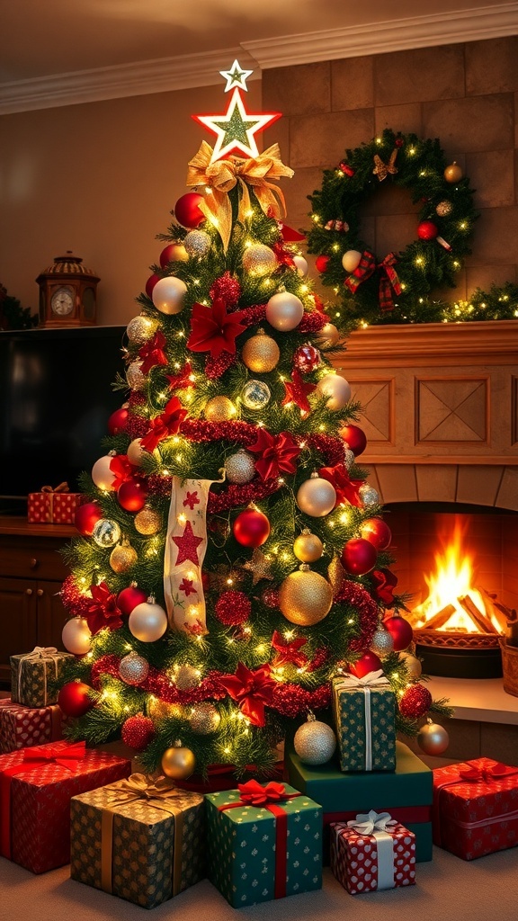 A festive Christmas tree with lights and ornaments, surrounded by gifts and a warm fireplace.
